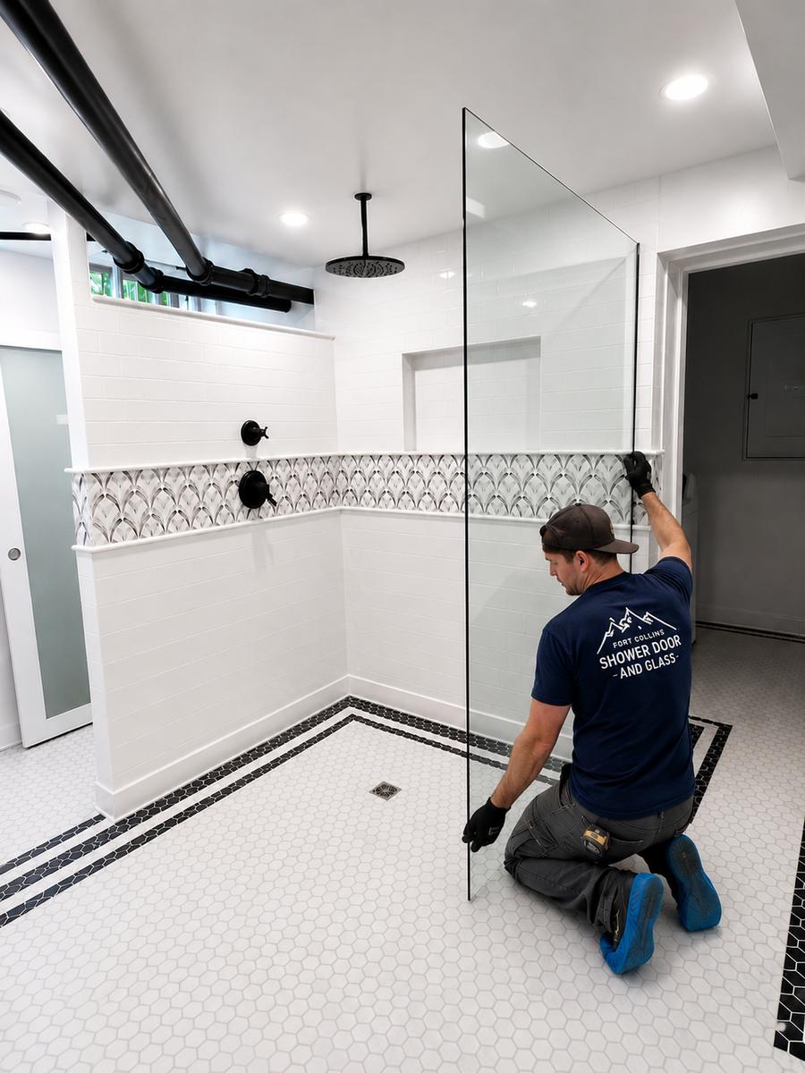 Fort Collins Shower Door and Glass installer setting a frameless glass panel in a white tiled shower