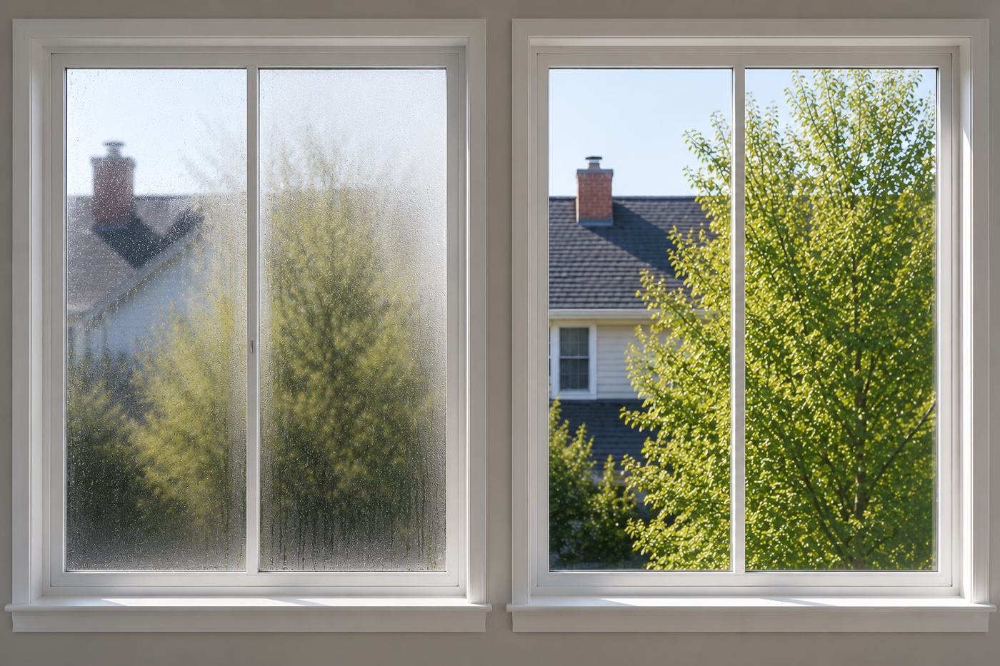 Side by side comparison of a foggy double pane window with a failed seal next to an identical window with new clear replacement glass
