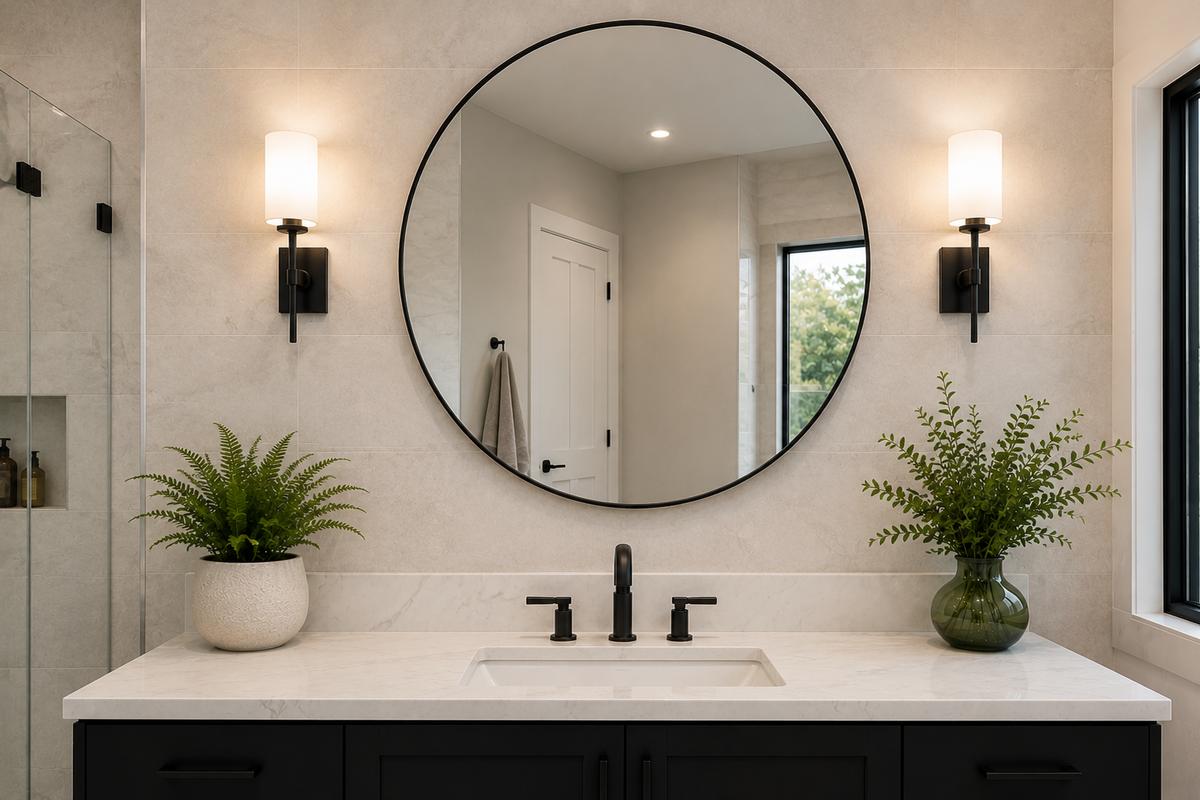 Round black framed custom vanity mirror mounted between two sconces above a marble vanity